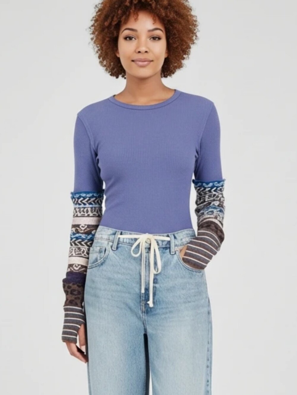 We The Free Periwinkle Waffle Knit Long Sleeve Top with Mixed-Print Sleeves